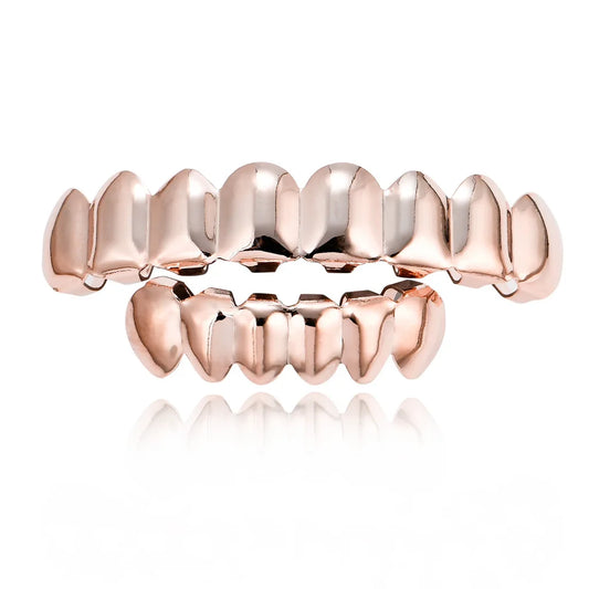 Rose gold-plated rachelz hip hop color teeth grillz with glossy sharp tooth caps for jewelry halloween cosplay use
