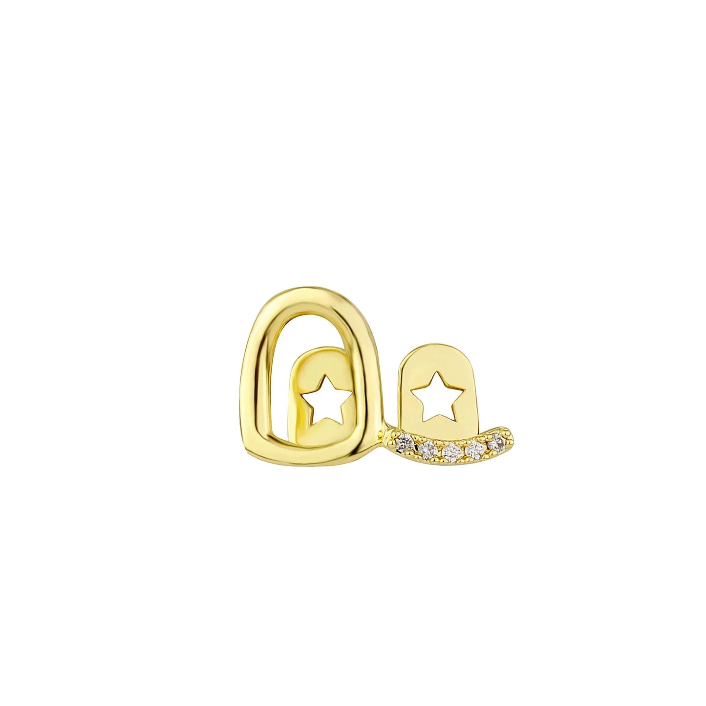 Gold-colored metal earring with stylized cowboy hat and crystals paired with rachelz gold teeth grillz care products