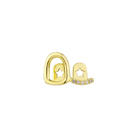 Gold-colored metal earring with stylized cowboy hat and crystals paired with rachelz gold teeth grillz care products
