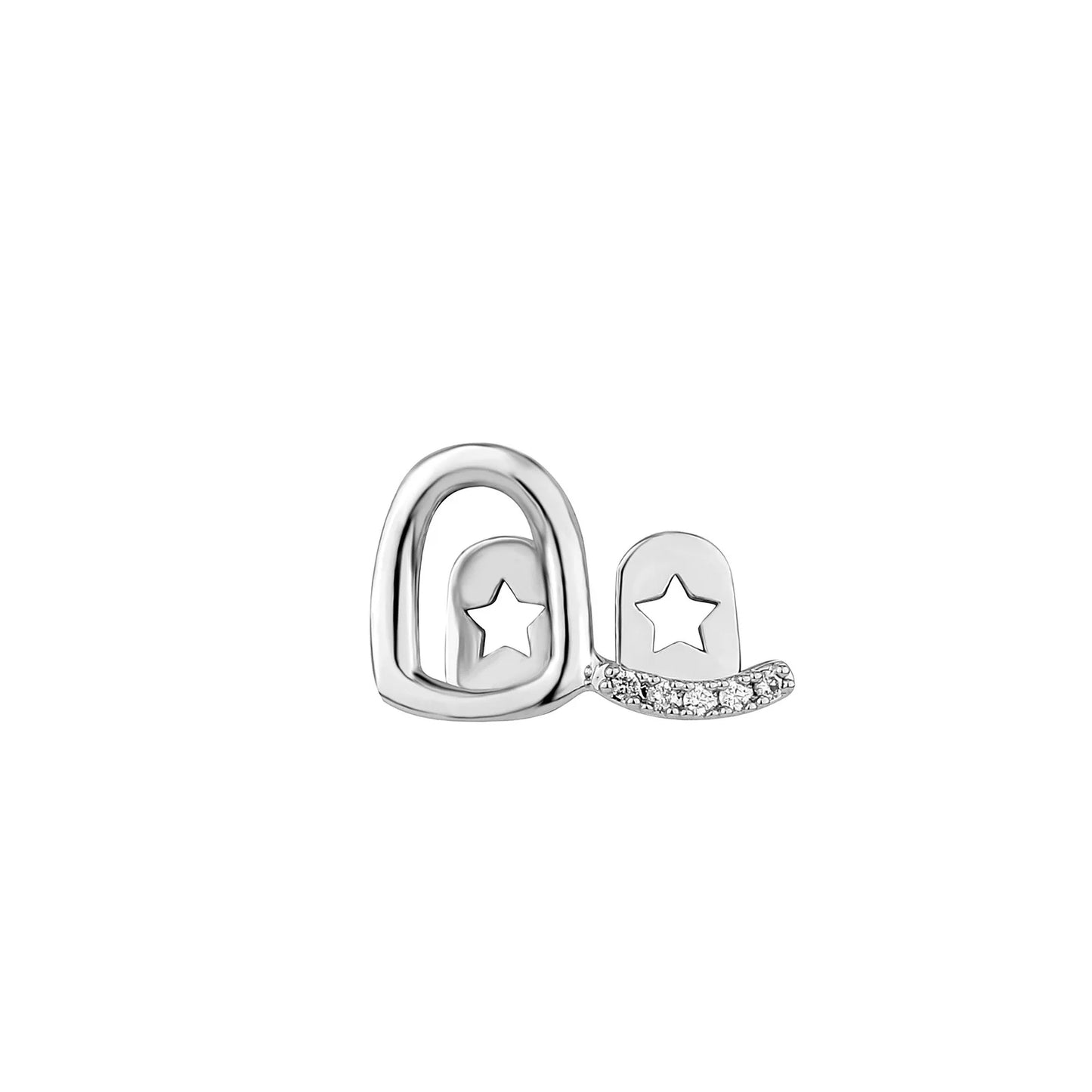 Silver cowboy hat shaped earring with star cutout and diamond accents alongside rachelz gold teeth grillz care products