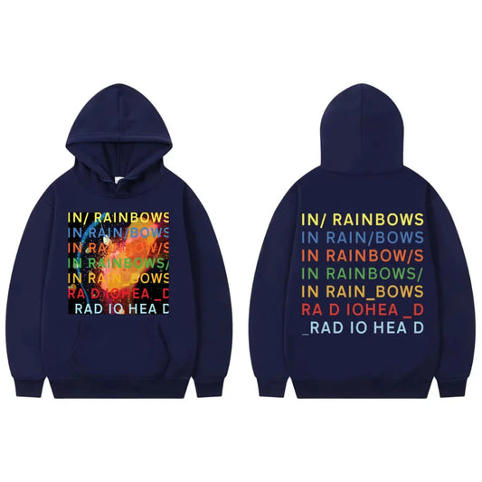Navy blue oversized hoodie featuring vibrant rainbow graphic and multicolored radiohead in rainbows album merch text design front and back
