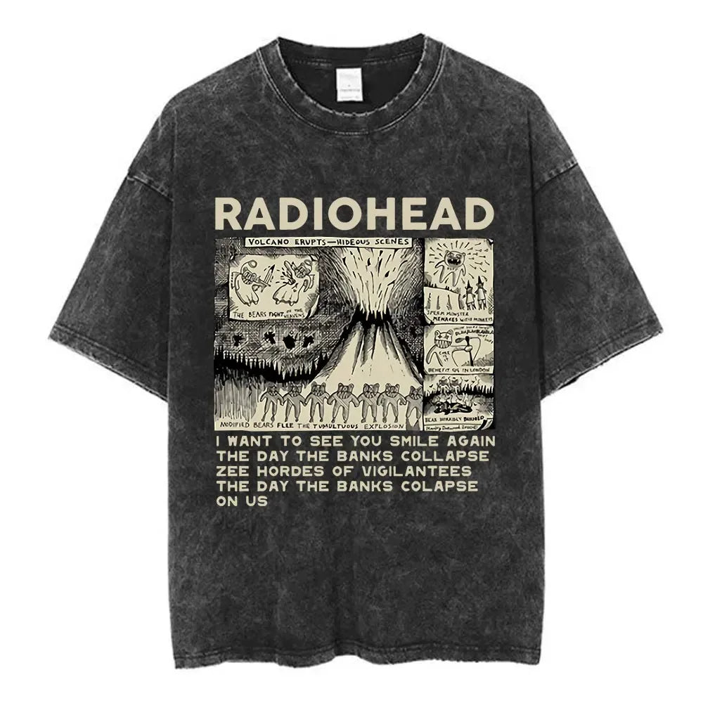 Black distressed cotton Radiohead rock band t-shirt with vintage volcano erupts album art and cream text for women hip hop music tee fashion