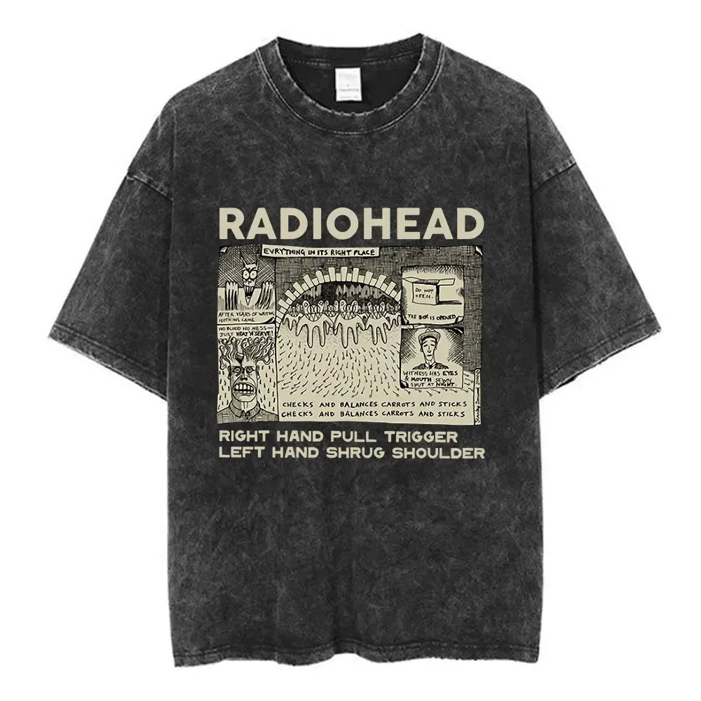 Black distressed cotton t shirt featuring a vintage radiohead rock band graphic print with beige text for women hip hop music tee fashion