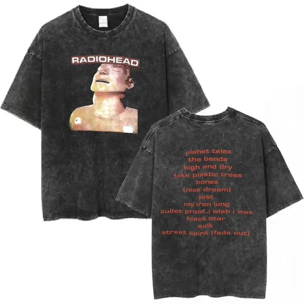 Black distressed cotton radiohead rock band t shirt with album cover graphic and orange track listings on back for women hip hop music tee fashion
