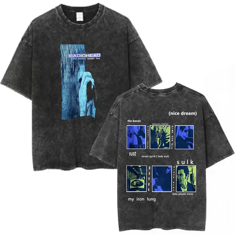 Black distressed cotton radiohead rock band t shirt featuring ok computer album art front and band collage back
