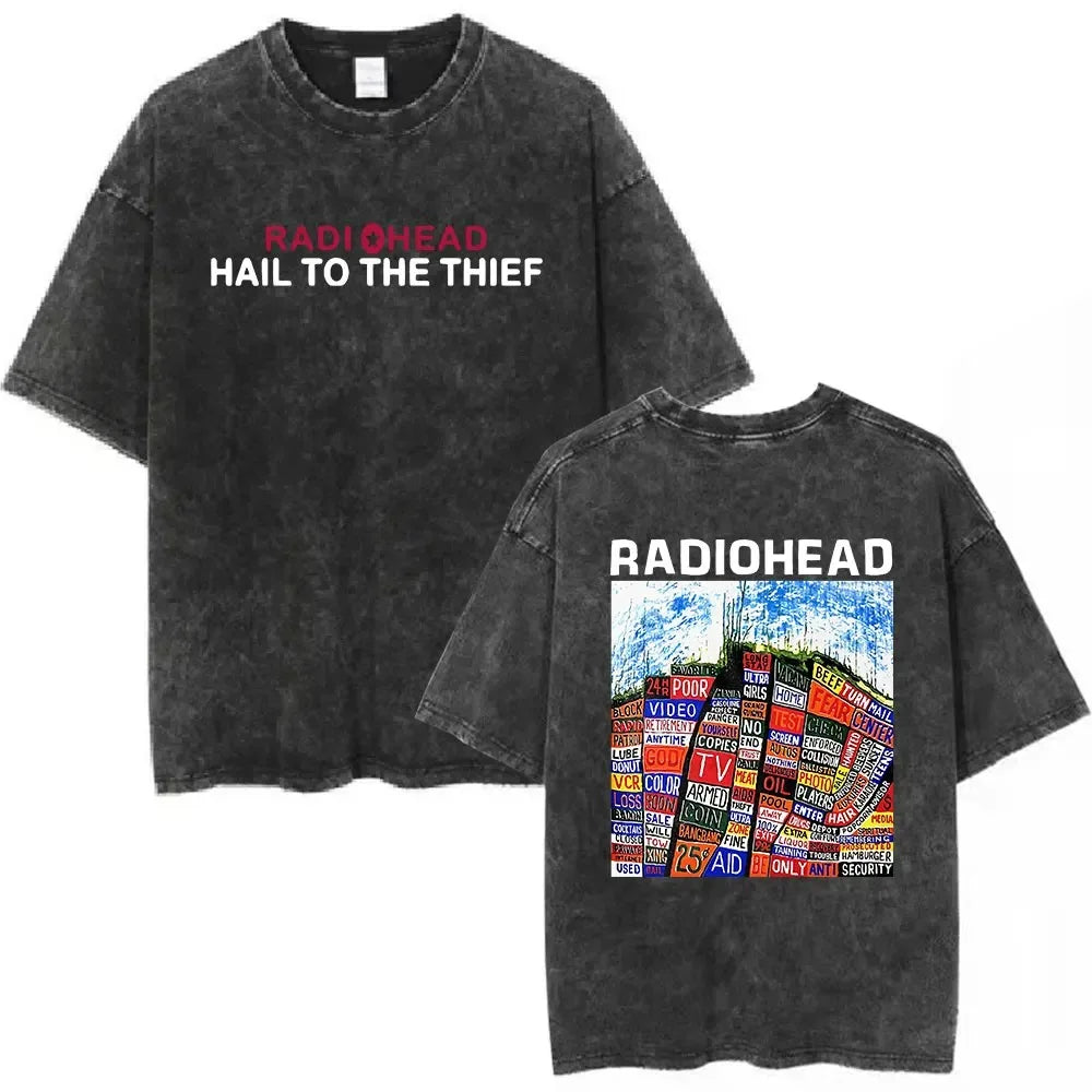 Black distressed cotton t shirt featuring radiohead rock band and hail to the thief album art for women hip hop music tee fashion