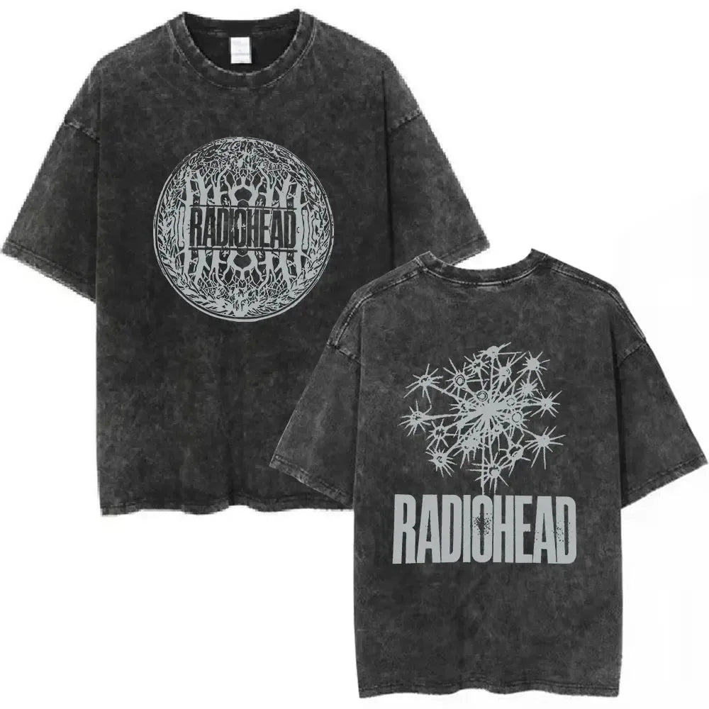 Black distressed cotton t shirt featuring white radiohead rock band logo front and back women hip hop music tee fashion