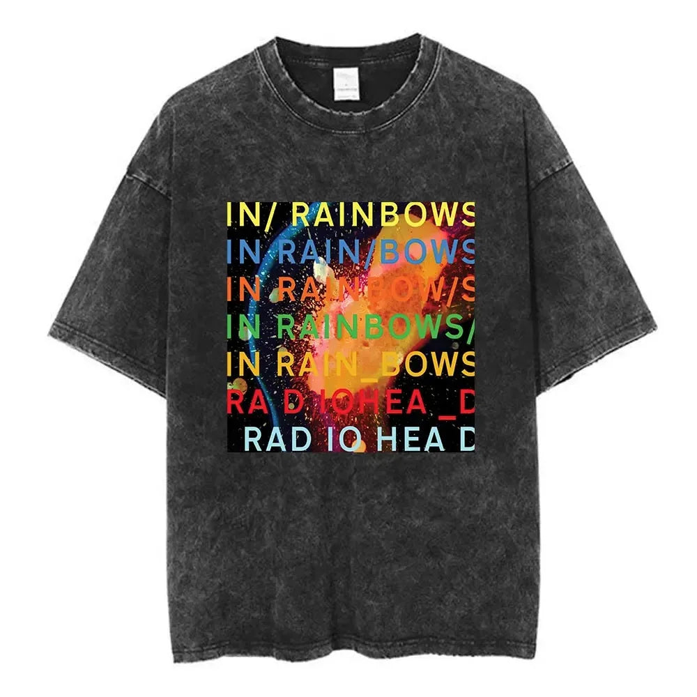 Black distressed cotton radiohead rock band t shirt with vibrant rainbows graphic for women hip hop music tee fashion