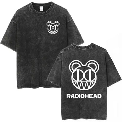 Black distressed cotton t shirt featuring radiohead rock band logo on front and back for women hip hop music tee fashion