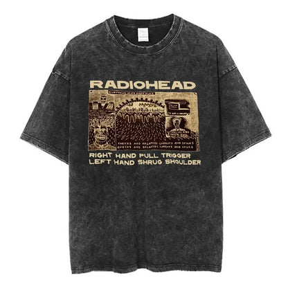 Black distressed cotton t-shirt featuring vintage Radiohead rock band graphic with beige text for women hip hop music tee fashion