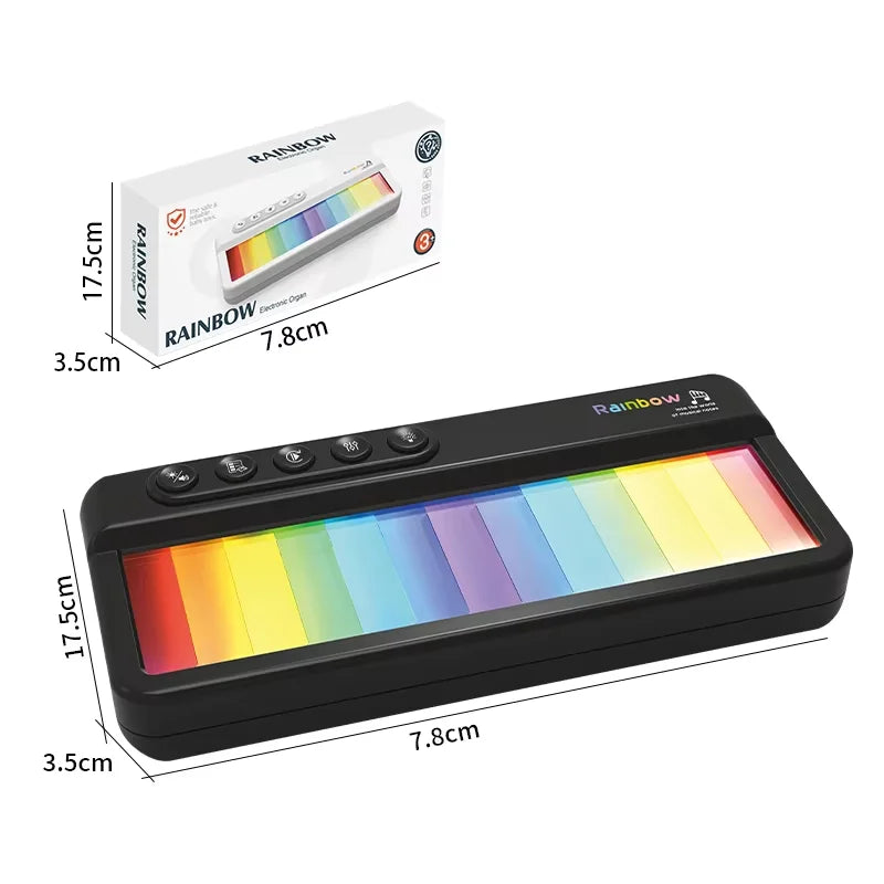 Black rectangular electronic organ with rainbow flashing piano keys and control buttons for melody electronic music toys educational use