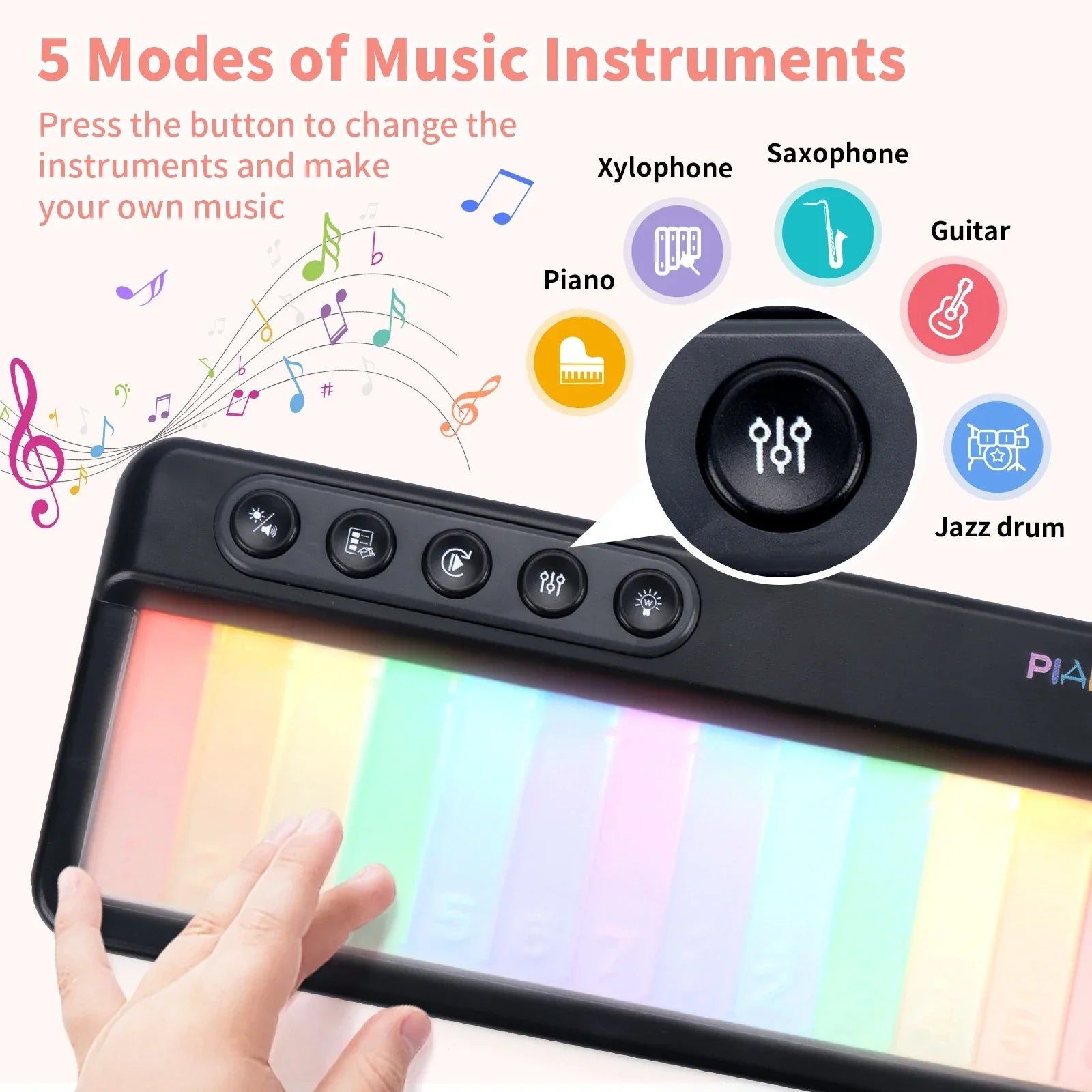 Black electronic rainbow flashing piano with colorful illuminated keys and control buttons for educational melody music play