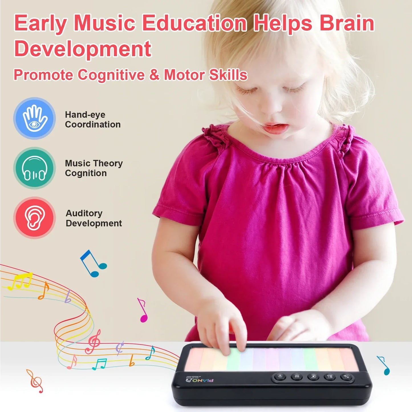 Black electronic rainbow flashing piano toy with colorful illuminated keys and melody electronic music features for kids