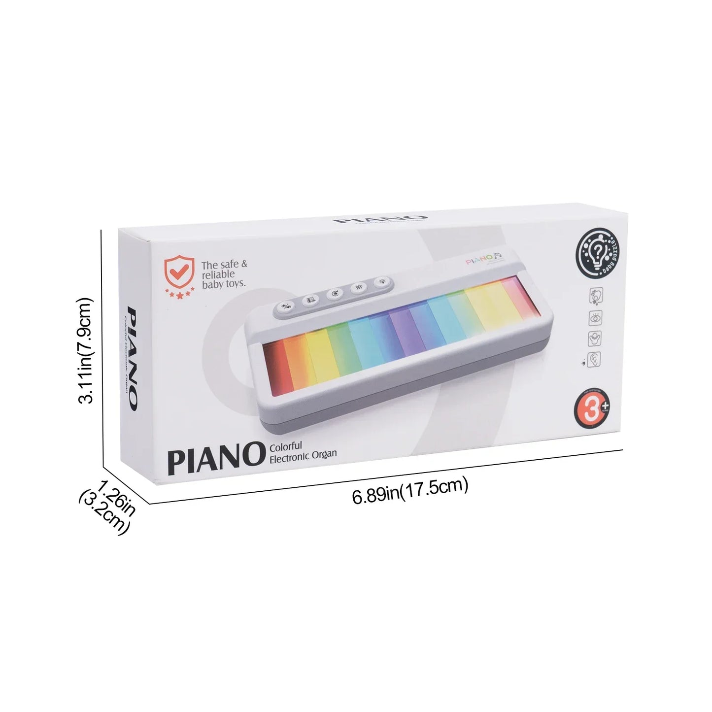 White rectangular box packaging for rainbow flashing piano melody electronic music keyboard toys educational set for kids