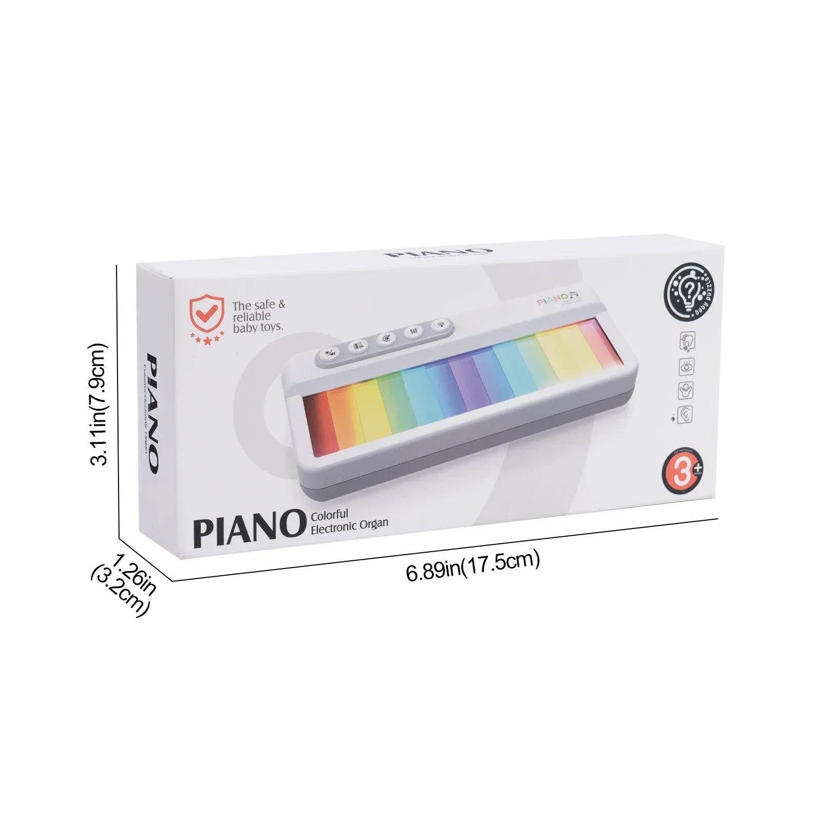 White rectangular box packaging for rainbow flashing piano melody electronic music keyboard toys educational set for kids