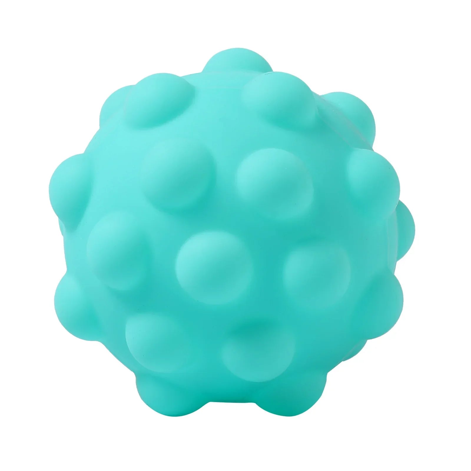 A teal silicone push bubble antistress massage ball with raised rounded bumps for stress relief sensory use