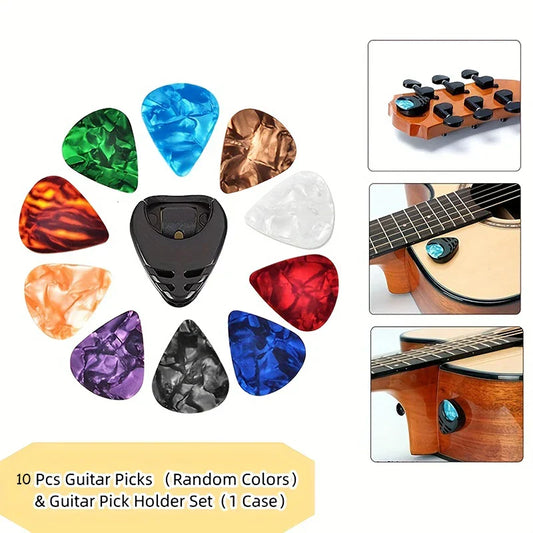 Set of ten colorful translucent guitar plectrum set with black holder for acoustic electric guitar accessories