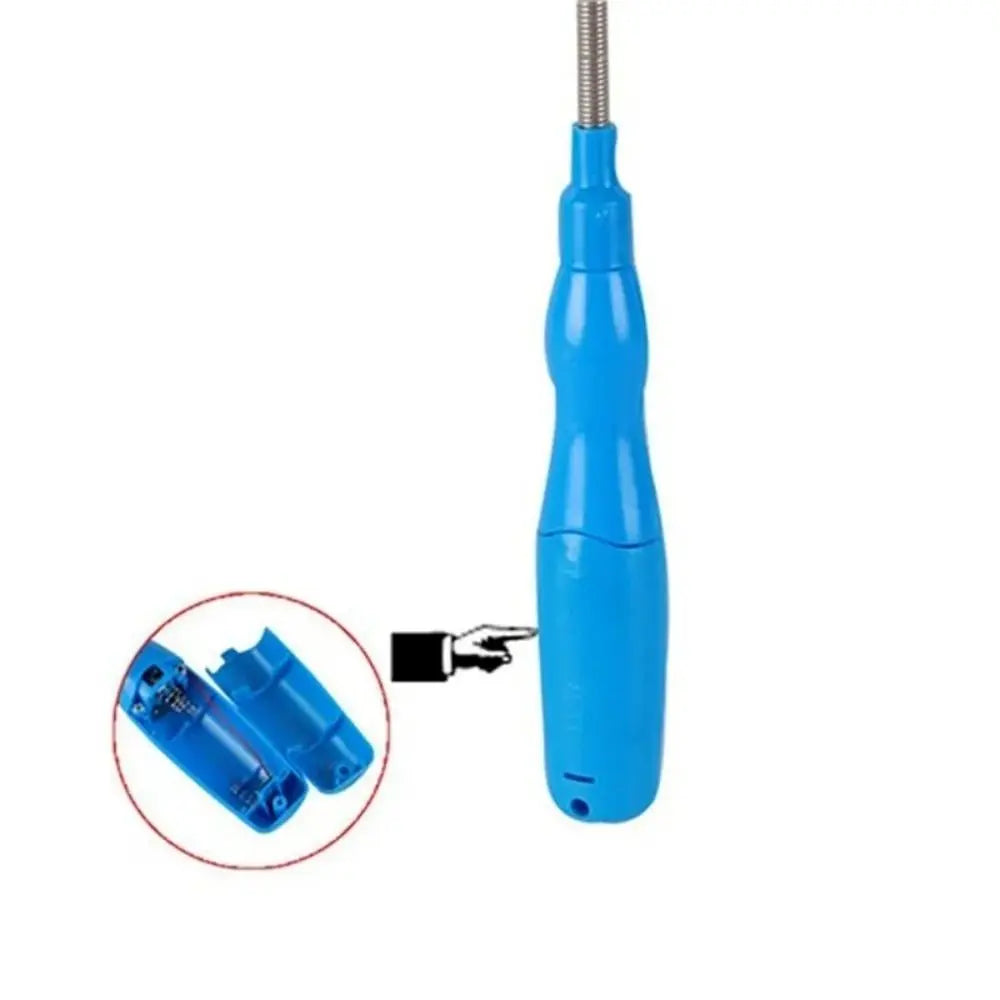 Blue plastic-handled electric wire stripper with metallic tip shown alongside music windmill spinner glow rainbow toy