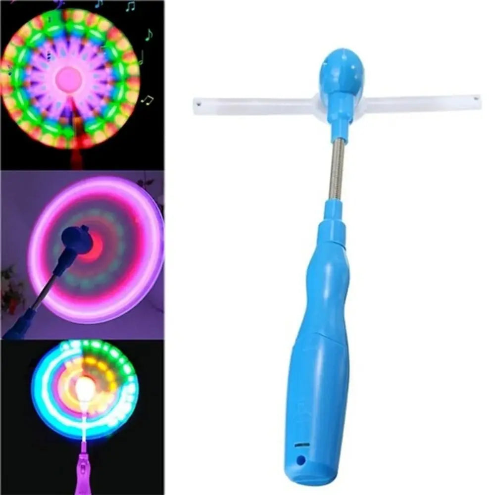 Blue plastic music windmill spinner with transparent propeller and metallic shaft in flashing windmill rotating toy