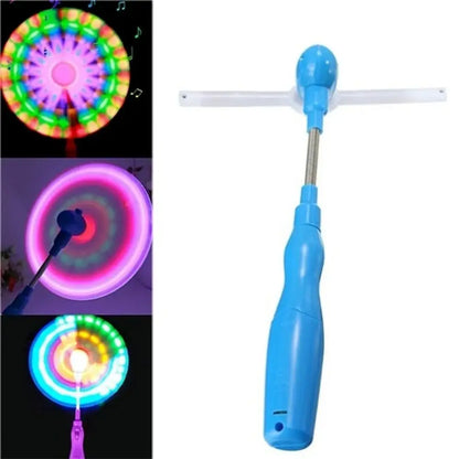 Blue plastic music windmill spinner with transparent propeller and metallic shaft in flashing windmill rotating toy