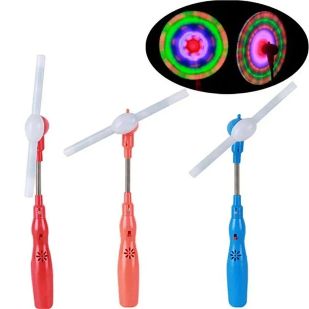 Three colorful led helicopter toys with translucent propellers and vibrant handles feature a flashing windmill rotating design