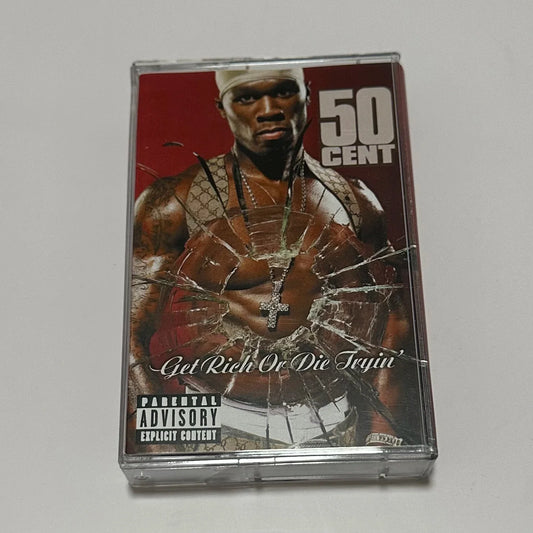 Transparent plastic cassette tape case featuring 50 cent get rich or die tryin album cover with red cracked glass design
