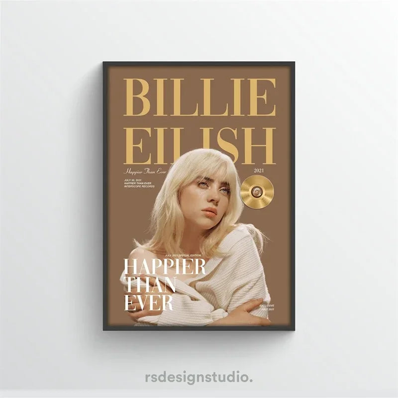 Brown-framed rap music album cover poster featuring billie eilish in white sweater with gold lettering and cd graphic