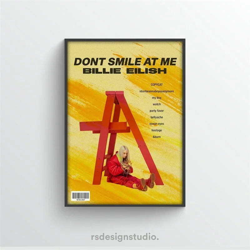 A framed rap music album cover poster of billie eilish in red under a large red a on yellow canvas wall art for room decor