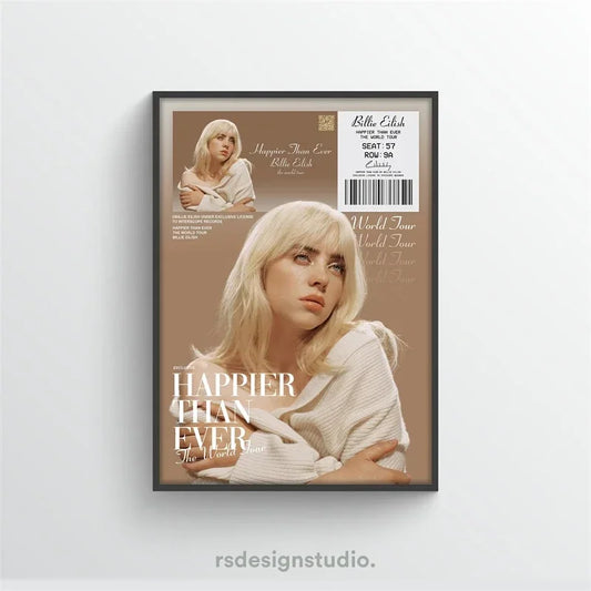 A framed rap music album poster aesthetic rapper featuring billie eilish in white on beige hop rock canvas wall art