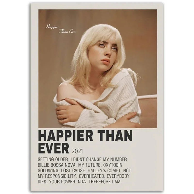 A rectangular rap music album cover poster featuring billie eilish with blonde hair and white textured top for room decor
