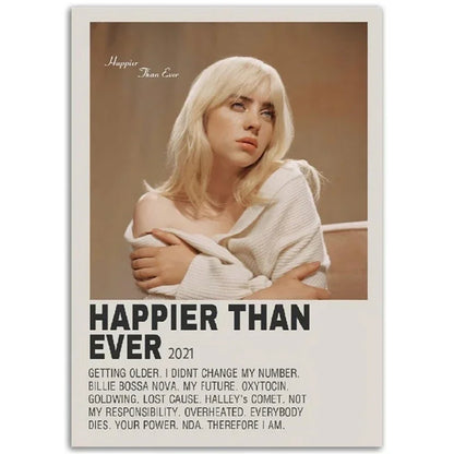 A rectangular rap music album cover poster featuring billie eilish with blonde hair and white textured top for room decor