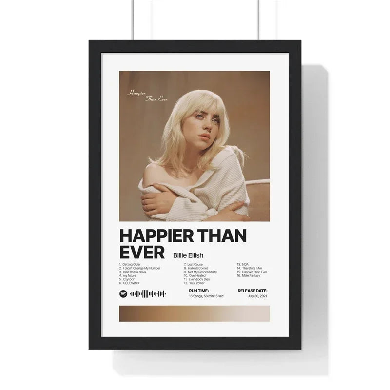 Black-framed poster of billie eilish happier than ever album with sepia portrait and white text on minimalist canvas wall art