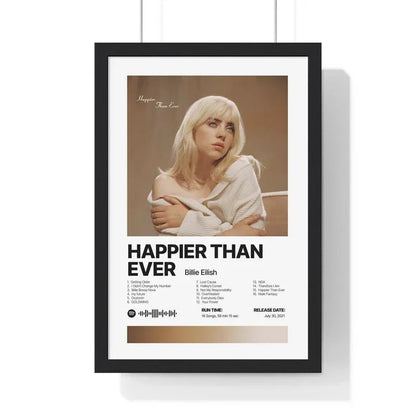 Black-framed poster of billie eilish happier than ever album with sepia portrait and white text on minimalist canvas wall art