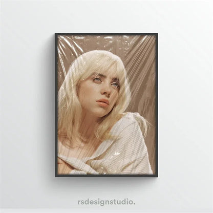 Black-framed rap music album cover poster of billie eilish with platinum blonde hair on white textured canvas wall art