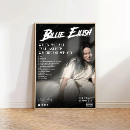 Black and white framed canvas wall art featuring billie eilish when we all fall asleep album cover in monochrome tones ideal for room decor