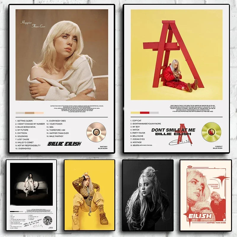 Set of five framed Billie Eilish rap music album cover posters with minimalist black and white and bold color designs for wall decor