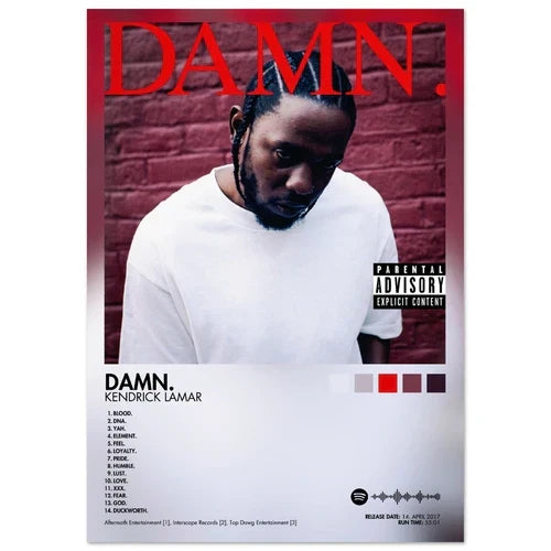 Red and white rap music album cover male poster aesthetic rapper featuring kendrick lamar against brick wall