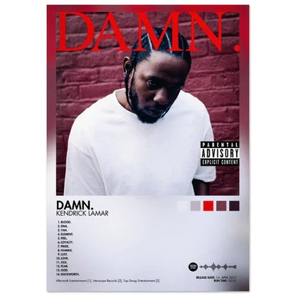 Red and white rap music album cover male poster aesthetic rapper featuring kendrick lamar against brick wall