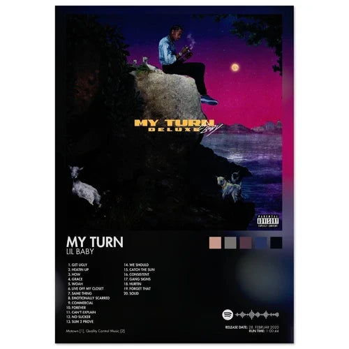 Vibrant purple and pink gradient rap music album cover male with man sitting on rocky cliff at dusk wolves below poster aesthetic rapper wall art