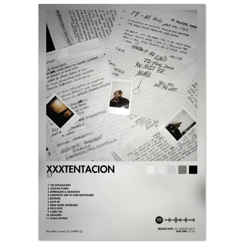 Black-and-white xxxtentacion 17 album cover male poster aesthetic rapper with handwritten lyrics and polaroid photos