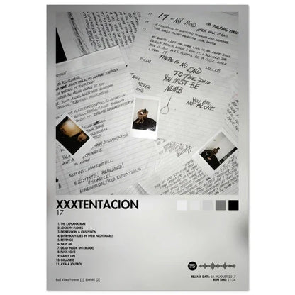 Black-and-white xxxtentacion 17 album cover male poster aesthetic rapper with handwritten lyrics and polaroid photos
