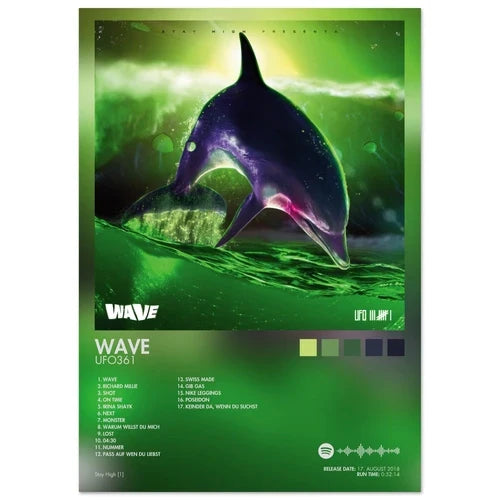Vibrant green and purple dolphin leaps from glowing water on a psychedelic rap music album cover male female singer poster