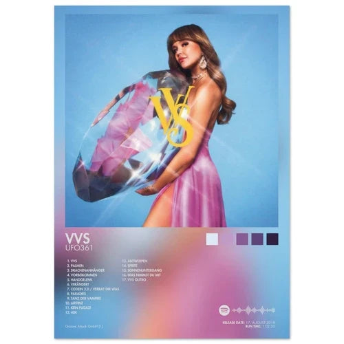 A woman in a shimmering pink gown holds a faceted object with yellow vvs lettering on a female singer poster aesthetic rapper album cover