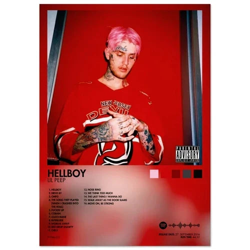Red poster featuring lil peep in new jersey devil jersey with pink hair and tattoos ideal for album cover male and poster aesthetic rapper decor