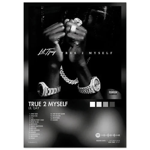 Black-and-white poster aesthetic rapper lil tay album cover male hands with diamond rings and luxury watches for room decor