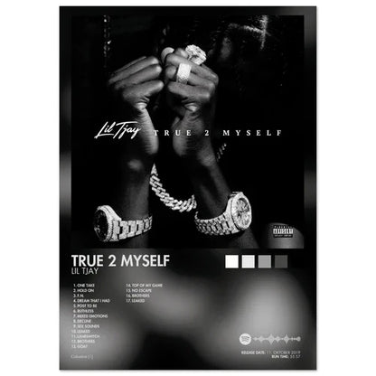 Black-and-white poster aesthetic rapper lil tay album cover male hands with diamond rings and luxury watches for room decor
