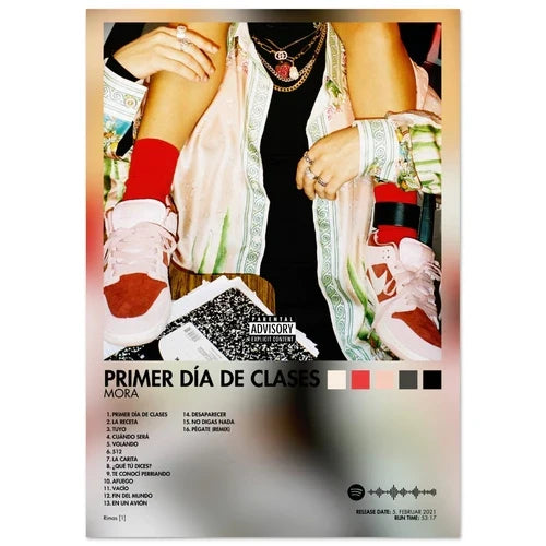 A rap music album cover male and female singer poster featuring red socks pink sneakers and primer día de clases title