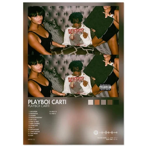 Black and white Playboi Carti album cover male with two women on tufted gray background female singer poster aesthetic rapper