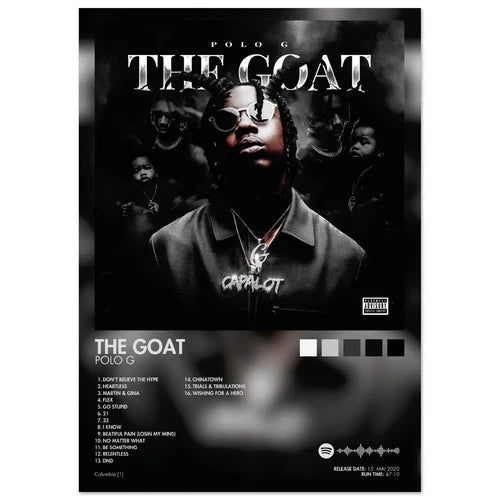 Black and white poster aesthetic rapper featuring polo g in collared shirt and sunglasses ideal for room decor