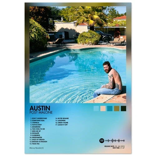 Austin post malone album cover male featuring tattooed man by pool with tracklist in poster aesthetic rapper design wall art